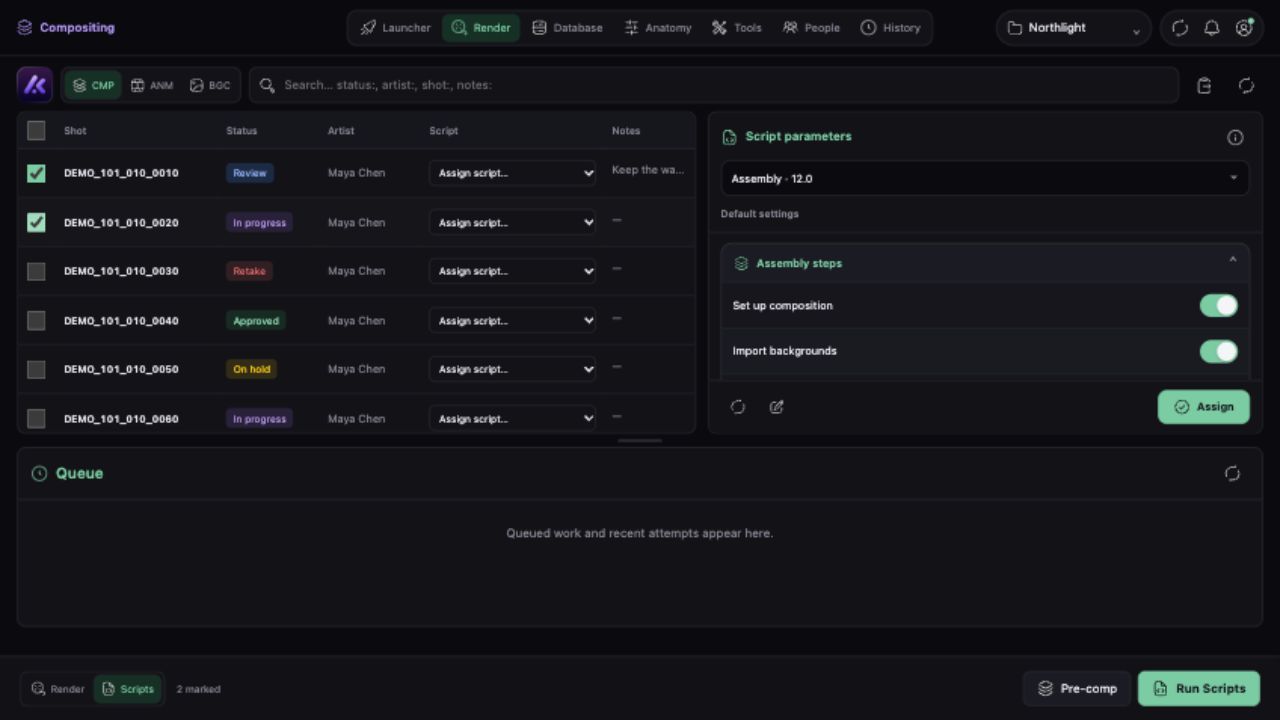 Studio Batcher with shot selection and native script parameter controls